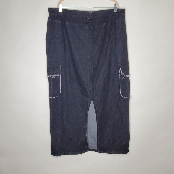 Cargo Pocket Jean Maxi Skirt 3X Black Wash Stretch Denim Midi Goth Distressed - Picture 5 of 11